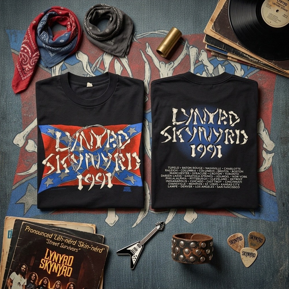 Vintage 1991 Lynyrd Skynyrd Tour T-Shirt Bones Flag Brockum Winterland Black S/M